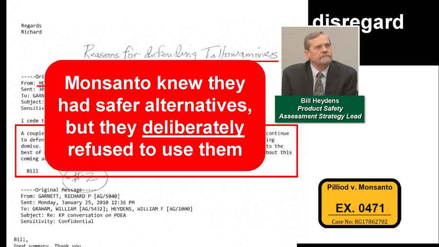 Email proving that Monsanto knew they had safer alternatives, but they deliberately refused to use them.